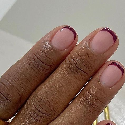 @corrinnabianca on Instagram: "For the french tip girlies: luxury mani + alternative colourful french tips🍇🍇 catch my good sis @cheflwilz_ on this season of @masterchefuk nu03 biab base & manhatten hand painted tips @the_gelbottle_inc" Colour Tip French Manicure, Biab Nails Coloured Tips, Colour French Tips Nails Autumn, French Tip Nails Painted, French Tip Mixed With Solid Nails, Short Natural Nail French Tip, Red French Nails With Design, Round Square Nail Designs, Burgundy Biab Nails