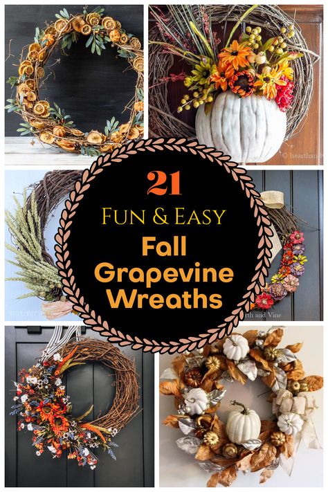 Collage of 6 of 21 fall grapevine wreaths. Large Fall Door Wreath, Grapevine Table Decor, Fall Boxwood Wreath Ideas, Grapevine Wreath Ideas Diy, Vine Wreath Ideas, Fall Grapevine Wreath Ideas, Diwali Wreath, Fall Twig Wreath, Grapevine Crafts