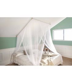 Mosquito Net Canopy, Attic Bed, Mosquito Net Bed, Bed Net, Canopy Bed Diy, Slanted Walls, Diy Ring, Attic Bedrooms, Bedroom Renovation