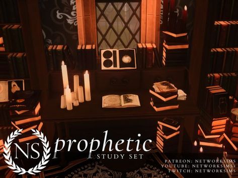 Sims 4 CC object set - dark academia study with desk, candles, books and bookshelves. Free and public on Patreon. Sims 4 Dark Academia, Sims 4 Game Packs, Dark Academia Study, Academia Study, Sims 4 Build Cc, Fantasy Play, Desk Stool, Dark Acadamia, Sims 4 Clutter