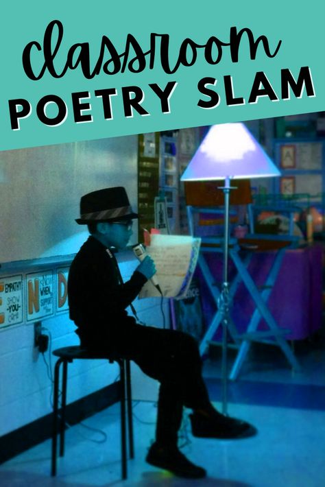 Poetry Classroom Transformation, Poetry Slam For Kids Classroom, Poetry Presentation Ideas, Poetry Cafe Classroom Ideas, Poetry Cafe Classroom Decorations, Classroom Poetry Cafe, Poetry Night Decorations, Poetry Party Ideas, Poetry Cafe Room Transformation