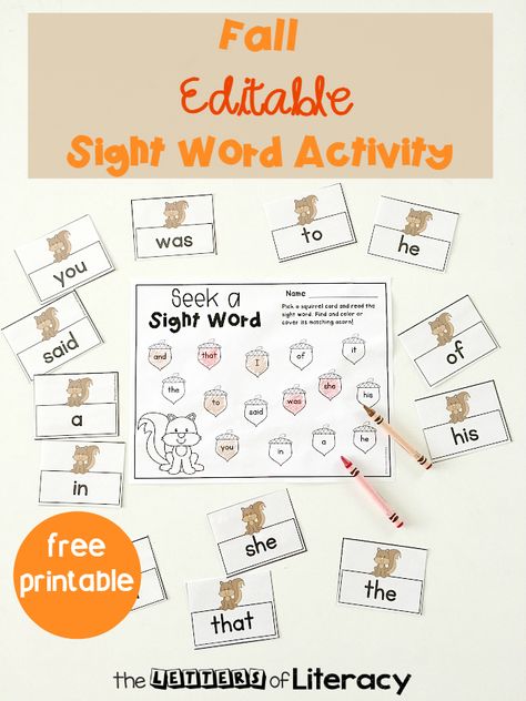 This Editable Fall Sight Word Activity is the perfect FREE Printable for kindergarten and 1st grade! #kindergarten #firstgrade #sightwords #literacy #freeprintable #fall Sight Words Kindergarten Printables, Fall Literacy Centers, Kindergarten Sight Words List, Editable Sight Word Games, Fall Homeschool, Game For Kindergarten, Sight Word Songs, Fall Kindergarten Activities, Sight Word Activity