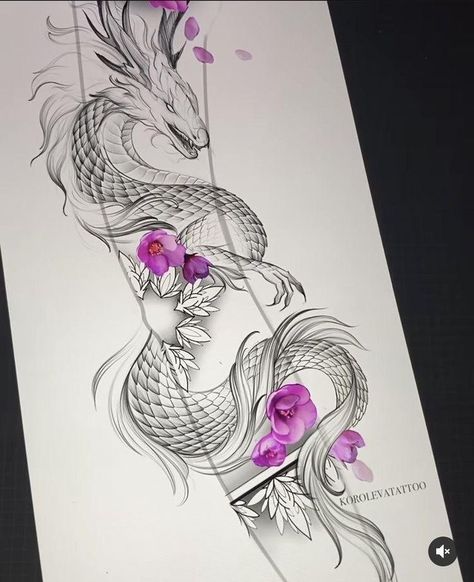 Big Dragon Tattoo For Women, Dragon Tattoo Designs Sketches, Tattoo Ideas Female Dragon, Feminine Dragon Tattoo For Women, Floral Dragon Tattoo, Dragon Thigh Tattoo, France Tattoo, Dragon Tattoo Sketch, Traditional Tattoo Designs