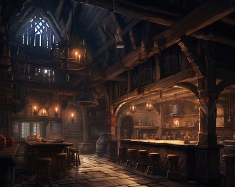 "Welcome to \"The Wyvern's Whisper,\" a popular haven tucked away in the heart of a bustling quiet city. Its timber-framed exterior, weathered by the passage of time and elements, holds a certain rustic charm, inviting both weary travelers and local patrons alike." Fantasy Tavern Exterior, D&d Tavern, Gothic Tavern, Fantasy Tavern Aesthetic, Tavern Exterior, Alchemist Dnd, Pirate Tavern, Tavern Interior, Tavern Art