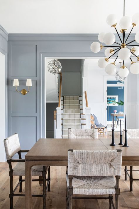 Sea Girt Sway - DesignNJ Gray Blue Dining Room, Blue Dining Room Walls, Scandi Dining Room, Dining Room Wall Color, Dining Room Accent Wall, Dining Room Paint Colors, Blue Accent Walls, Dining Room Accents, Light Blue Walls