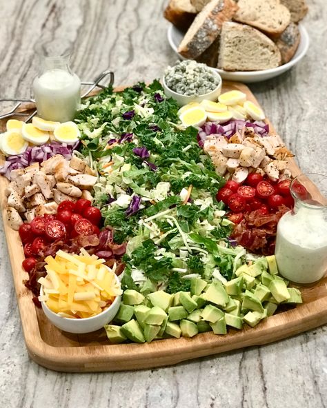 Cobb Salad Board by The BakerMama Caesar Salad Charcuterie Board, Cobb Salad Bar Ideas, Cobb Salad Board Ideas, Salad Charcuterie Boards, Soup And Salad Charcuterie, Charcuterie Salad Board, Salad Grazing Board, Pasta Salad Charcuterie Board, Shakutary Board Ideas