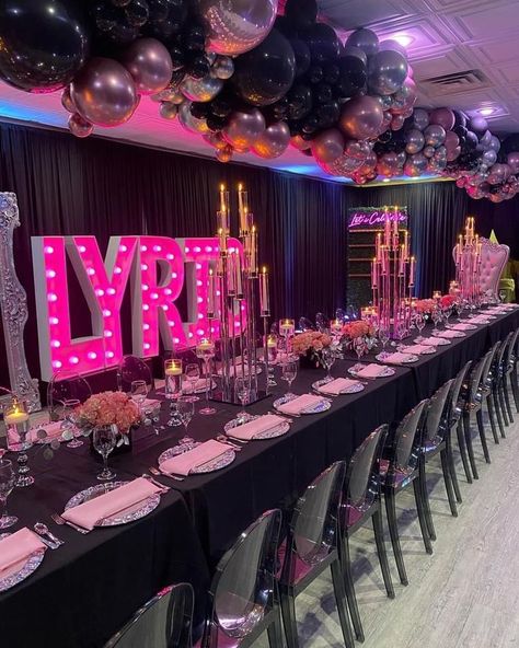 Sweet 16 Non Party Ideas, Sweet 16 Decorations Pink And Black, Black Barbie Sweet 16 Party, Sweet 16 Black Women Party, House Party Sweet 16, Sweet 16 Set Up Ideas, Sweet Sixteen Sneaker Ball, Pink Aesthetic Party Decor, 50 Shades Of Pink Party Ideas Sweet 16