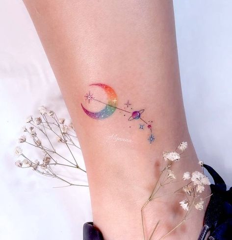 Our Mindful Life, Rainbow Tattoos, Moon Tattoos, Aries Tattoo, Omerta Tattoo, Skeleton Hand Tattoo, Bff Tattoos, Tatuaje A Color, Constellation Tattoos