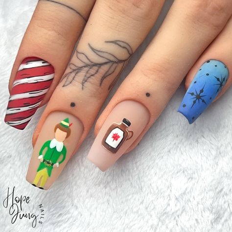 Elf Movie Nails Designs, Elf Inspired Nails, Buddy The Elf Tattoo, Buddy The Elf Nails Designs, Elf Movie Nails, Christmas Movie Nail Art, Elf Nails Christmas, Christmas Character Nail Art, Cindy Lou Who Nails