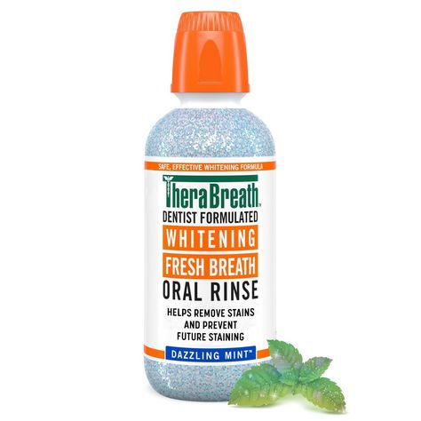 TheraBreath Whitening Mouthwash is tough on stains and bad breath but gentle on teeth. This whitening rinse helps remove stains while also forming a protective barrier that prevents future staining. Safe to use every day, TheraBreath Whitening Mouthwash is formulated without peroxide, which is commonly found in many whitening products and can lead to tooth sensitivity and discomfort. Like all TheraBreath mouthwashes, our Whitening Mouthwash is dentist-formulated with powerful breath freshening i Stalking Stuffers, Whitening Mouthwash, Homemade Mouthwash, Antiseptic Mouthwash, Best Mouthwash, Mouth Wash, Dream Wishlist, Whitening Products, Acne Treatments