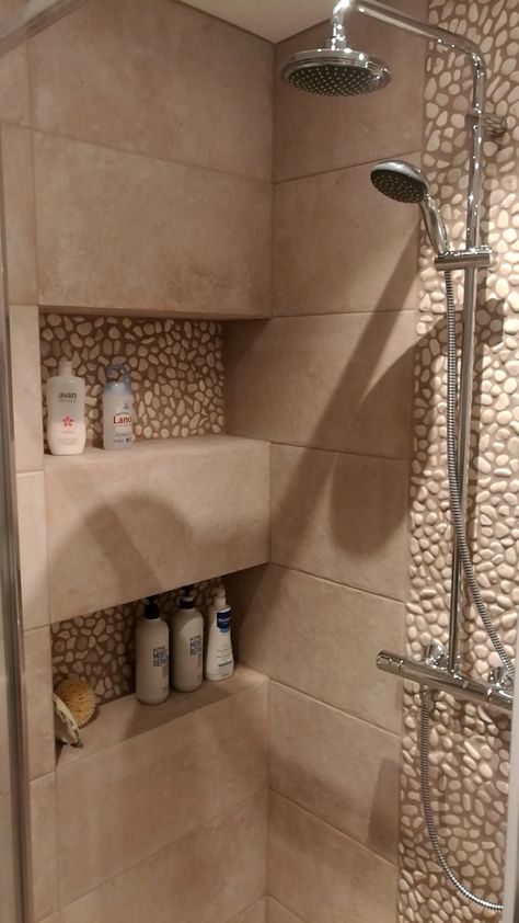 Shower Wall Shelf Built Ins, Shower Wall Storage Built Ins, In Wall Shower Shelves, Shelving In Shower Shelf Ideas, Showers With Built In Shelves, Bathroom Shower Shelves Built Ins, Shower Room Shelves, Long Bathroom Shelf, Boho Primary Bathroom