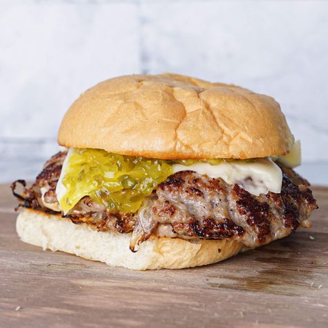 Double Brat Smash Burger (Oklahoma Style) - Frank's Kraut Sauerkraut And Brats, Smash Burger On Stove, Bratwurst Smash Burgers, Sauerkraut For Brats, Oklahoma Onion Burger, Quick Kimchi, Burgers And Shakes, Smash Burger Recipe, Lunch Sides