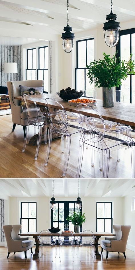 Ghost Chair Dining Room, Modern Farmhouse Dining Room Decor, Trendy Dining Room, Clear Chairs, Farmhouse Dining Rooms Decor, Modern Farmhouse Dining Room, Dining Table Lighting, Modern Farmhouse Dining, Ghost Chairs