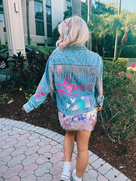 #diy #loverjacket #erastour #outfitinspo #erasoutfit Taylor Swift Lover Denim Jacket, Lover Jacket Taylor Swift, The Eras Tour Jean Jacket, Eras Diy Outfit, Taylor Swift Lover Jean Jacket, Lover Jean Jacket Taylor Swift, Eras Tour Jacket Diy, Taylor Swift Jacket Diy, Taylor Swift Jean Jacket Diy