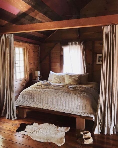 Log Cabin Homestead, Rustic Cabin Curtains, Moody Cabin Bedroom, Virgin River Cabin Interior, Cozy Cabin Decor Living Room, Tiny Cabin Bedroom, Cozy Cabin Bedroom, Log Cabin Bedroom, Inside Cabin