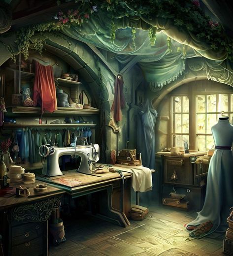 Fantasy Tailor Shop Concept Art, Fantasy Antique Shop, Magic Store Concept Art, Treasure Room Fantasy Art, Steampunk Workshop Concept Art, Tailor Shop, Concept Art