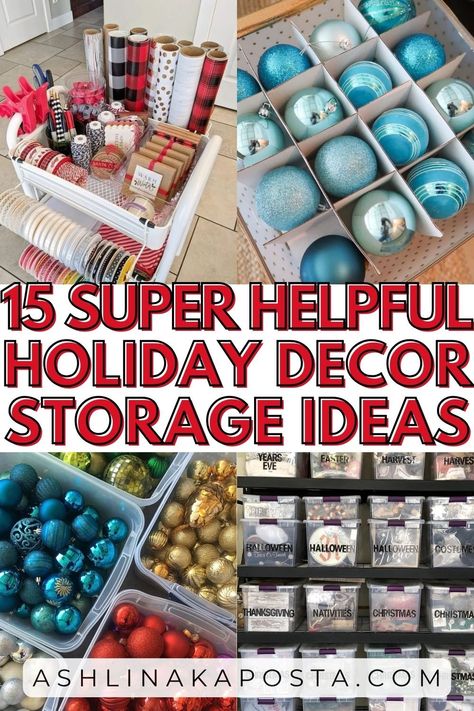 15 HELPFUL HOLIDAY DECOR STORAGE HACKS AND ORGANIZATION IDEAS — ASHLINA KAPOSTA Holiday Decor Storage Organization Ideas, Christmas Decor Storage Organization, Christmas Garland Storage Ideas, How To Store Decorations, Christmas Decoration Organization, Christmas Organization Storage, Christmas Storage Organization, Holiday Decor Storage Ideas, Christmas Decor Organization