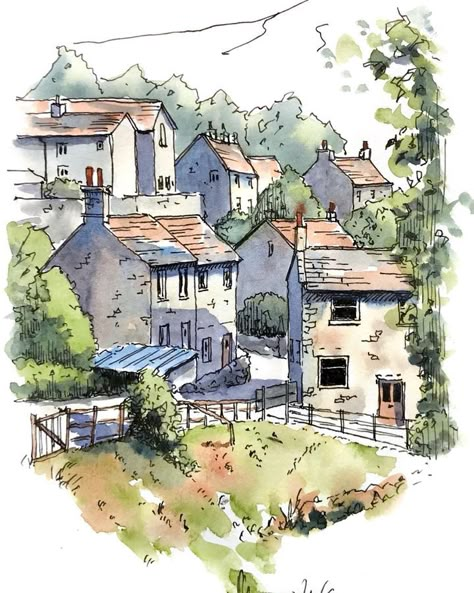 Watercolor House Painting, Watercolor Scenery, Watercolor Architecture, Art Village, Architecture Drawing Art, Cat Air, 수채화 그림, Watercolor Landscape Paintings, Landscape Drawings