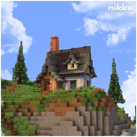 Hillside Cottage 🌲🏠 - 🔦Shaders: Complimentary 🔧Built on: play.bakery.builders - #minecraft #minecraftdesign #minecraftart #minecrafthouse #bedrock #minecraftgaming #minecrafthome #minecraftjava #minecraftbuilds #ghibliartworks Stone Cottage Minecraft, Medieval Cottage Minecraft, Minecraft Hillside House, Minecraft Village Builds, Minecraft Oasis, Minecraft Bakery, Minecraft Medieval Village, Hillside Cottage, Play Bakery