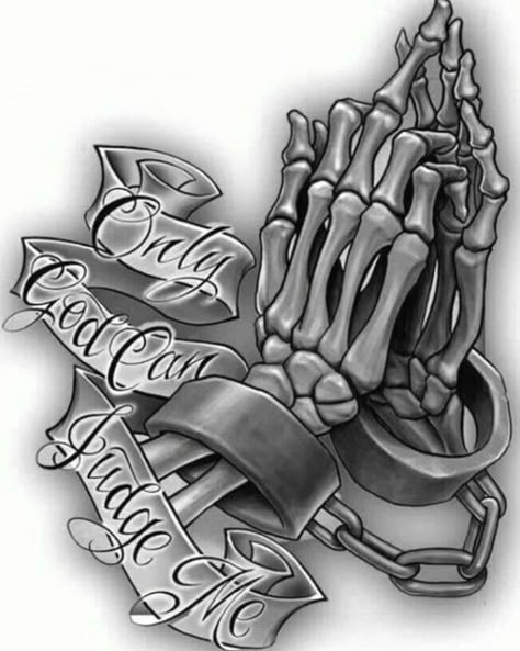 Only god can judge me tattoo design with skeleton hands in hand cuffs giving the finger #mentattoo #tattooideas Skull Praying Hands, Skull Praying, Prayer Hands Tattoo, Tattoo Planets, Edinburgh Tattoo, Praying Hands Tattoo Design, Cardinal Tattoo, Small Wave Tattoo, Chicanas Tattoo