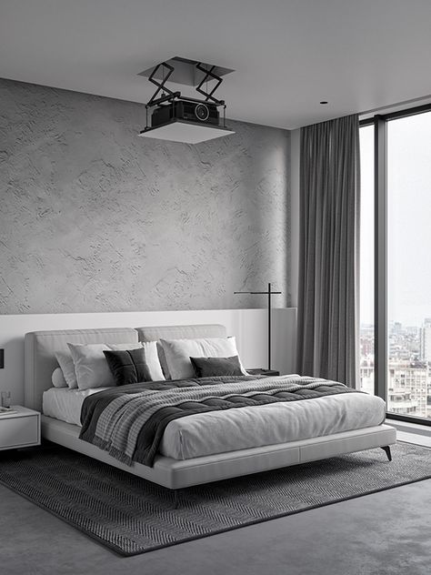 Monochrome Bedroom in Prague (free 3d model) on Behance Monochrome Interior Design, Monochrome Bedroom, Minimal Bedroom, Monochrome Interior, Modern Luxury Bedroom, Bedroom Bed Design, Bedroom Furniture Design, Modern Bedroom Design, Architecture Visualization