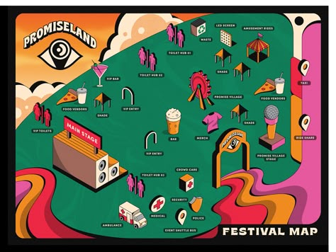 Festival Signage Design, Festival Venue Design, Festival App Design, Design Festival Branding, Festival Map Design, Festival Wayfinding, Pavlov Visuals, Festival Signage, Festival Stage Design