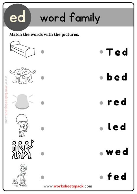 Free Ed Word Family Matching Activity Worksheets - Printable and Online Worksheets Pack Ed Word Family, Word Family Activities, Adjective Worksheet, Word Family Worksheets, Family Worksheet, Three Letter Words, English Activities For Kids, Kindergarten Curriculum, Alphabet Worksheets Preschool