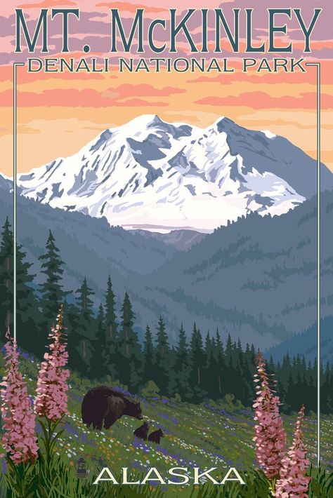 Denali National Park, Alaska - Mount McKinley - Bear and Cubs with Flowers (36x54 Giclee Gallery Print, Wall Decor Travel Poster) ** Hurry! Check out this great product : Dining Entertaining