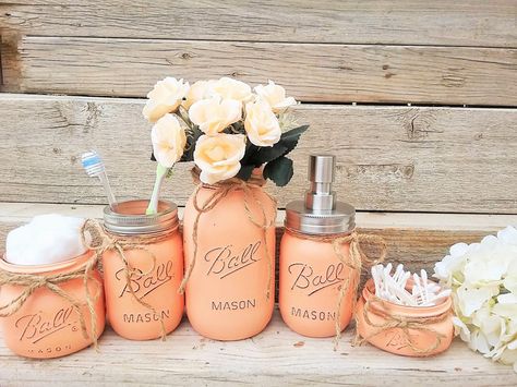 Etsy Mason Jar Bathroom Decor, Peach Bathroom Set, Painted Mason Jar Bathroom Set, Bathroom Set, Bathroom #ad Seafoam Bathroom, Mason Jar Bathroom Decor, Peach Bathroom, Mason Jar Bathroom, Bathroom Themes, Apartment Bathroom, Painted Mason Jars, Girls Bathroom, Bath Room