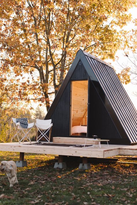 Small Camping Cabin, A Frame Camping Cabin, A Frame Glamping Cabin, Micro A Frame Cabin, Mini Cabin Ideas, Cheap Cabin, Tiny A Frame Cabin, Simple Cabin, Micro Cabin