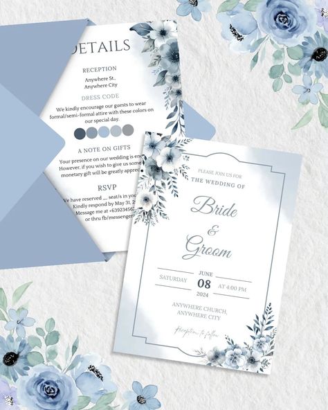 Tying the knot? 💍 Celebrate your love story with our dusty blue invitation. Purchase our Dusty Blue Wedding Invitation Template today and add more elegance to your special day! ✨ Pages Include: -Save the Date -Front (Invitation) -Entourage -Details -Wedding Timeline Bundle also available. Includes: -Invitation template (6 pages) -Proposal Card Template for Bridesmaid, Groomsmen, Principal Sponsors, maid of Honor, Best Man -Table Numbers -Money envelope (2 designs) -Thank you tags (3designs... Dusty Blue Invitation, Blue Wedding Invitation Template, Dusty Blue Wedding Invitation, Bridesmaid Groomsmen, Blue Wedding Invitation, Dusty Blue Wedding, Blue Invitation, Wedding Invitation Samples, Digital Wedding Invitations