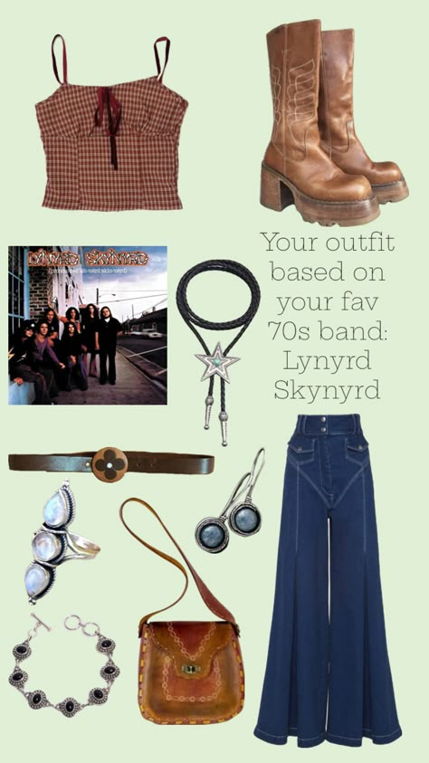 Your outfit based on your fav 70s band #music #vintage #vibes #outfit #lynrdskynrd #70s 70s Boots, Check Outfit, Vibes Outfit, Core Wardrobe, Band Outfits, Outfits 70s, 00s Fashion, 70s Inspired Fashion, Band Music