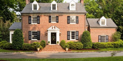 Five Ways to Update Your Brick Without Painting it White | Southern Living Updating A Brick House, Colonial Brick House Exterior Makeover, Red Brick Traditional Exterior, Updating Colonial Exterior, White Shutters On Brick House, Curb Appeal Brick House, Red Brick House Shutter Colors, Brick House Without Shutters, Red Brick Colonial House Exterior