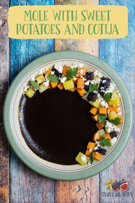 This Oaxacan mole negro (black mole) sauce with potatoes, sweet potatoes, cotija, and cilantro makes a perfect appetizer! || appetizer recipe | fancy appetizers | elegant appetizers | beautiful appetizers | vegetarian appetizers | appetizers for entertaining | awesome fancy appetizers | fancy appetizers recipes || #vegetarianappetizer #Mexicanrecipes #worldinspiredfood #molesauce Beautiful Appetizers, Fancy Appetizer Recipes, Best Holiday Appetizers, Fancy Appetizers, Mole Sauce, Elegant Appetizers, Vegetarian Appetizers, Great Appetizers, Perfect Appetizers