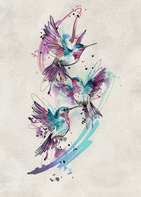 Watercolour Bird Tattoo, Watercolor Flower Tattoo Design, Watercolor Hummingbird Tattoo, Watercolor Tattoos For Women, Watercolor Sleeve, Watercolor Tattoo Design, Colorful Hummingbird Tattoo, Tattoo Watercolour, Badger Tattoo