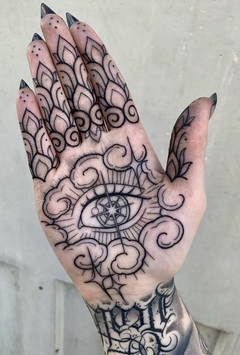 Hand Palm Tattoos, Earthy Tattoos, Tiny Tats, Neotraditional Tattoo, Hand And Finger Tattoos, Palm Tattoos, Exit Sign, Hand Tattoos For Women, Bad Tattoos