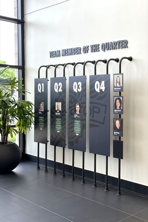 Photo shows large panels held up with piping. The panels are magnetic so the photos of the employees can be changed out every quarter. Employee Wall Display, Wall Timeline Design, Employee Photo Wall, Library Bus, Conference Display, Board Room Design, Employee Branding, Exhibition Board Design, Timeline Wall