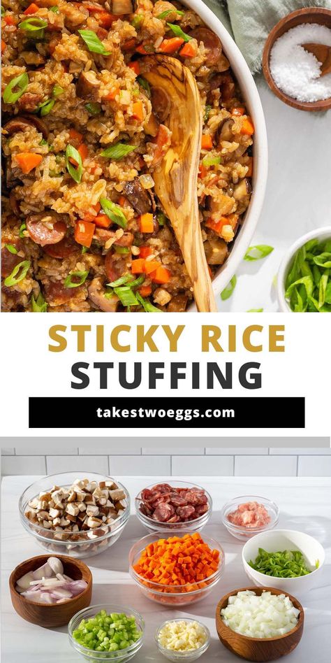 Sticky Rice Stuffing, Chinese Sticky Rice, New Family Traditions, Turkey And Dumplings, Chinese Garlic, Asian Fusion Recipes, Carrots And Celery, Asian Appetizers, Rice Stuffing