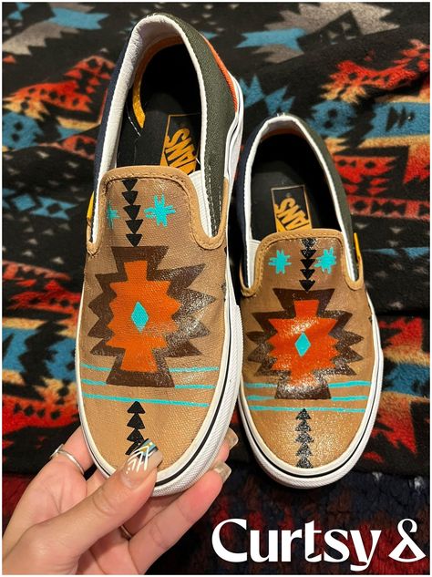 Western Vans Shoes, Painted Checkered Vans, Painted Vans Diy Easy, Western Painted Vans, Painted White Vans, Western Vans, Painted Vans Slip On, Custom Painted Vans, Leopard Vans