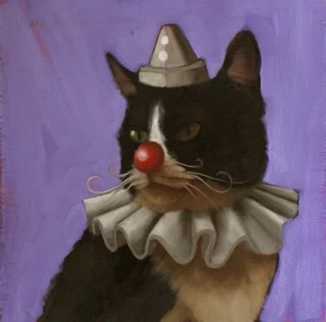 Diane Hoeptner | OIL | "Tuxedo Clown, character cat no. 3" Clown Character, Peaceful Blue, Clown Paintings, Cats Art Drawing, Clown Core, Cat Art Illustration, Cat Paintings, Animal Portraits Art, Unusual Art