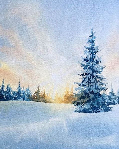 Winter Sunset Watercolor, Wallpaper Aesthetic Chromebook, Winter Watercolor Art, Aesthetic Chromebook, Watercolor Christmas Paintings, Watercolor Winter Scenes, Winter Watercolor Paintings, Winter Landscape Watercolor, Winter Sketch