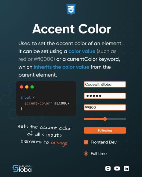 Add Accent color to element using css Css Cheat Sheet, Computer Keyboard Shortcuts, Learn Web Design, Basic Computer Programming, Web Development Programming, Css Tutorial, Coding Tutorials, Learn Web Development, Learn Computer Coding