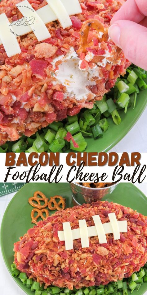 Easy Bacon Cheddar Football Cheese Ball | Dine Dream Discover Cheese Ball Football, Football Cheese And Cracker Tray, Carb Bacon Cheddar Mini Cheese Balls, Cheddar Bacon Ranch Cheese Ball Recipe, Football Cheeseball, Football Shaped Cheeseball, Flayed Man Cheese Ball, Cheese And Cracker Tray, Cheese Ball Recipes Easy