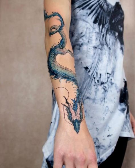 Dragon Tattoo On Forearm For Women, Water Dragon Tattoo For Women, Dragon Tattoo On Arm, Woman Dragon Arm Tattoo, Wrapped Dragon Arm Tattoo, Water Dragon Tattoo, Water Dragon Tattoo Sleeve, Dragon Tattoo Arm, Tattoo On Arm