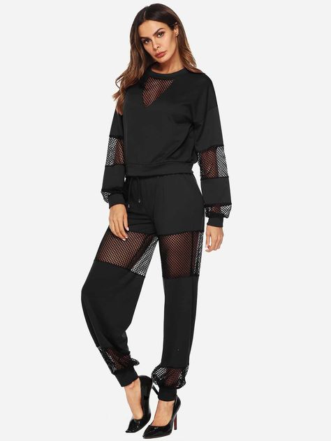 Black And Pink Outfit, Black Fishnet Top, Sporty Suit, Top With Pants, Aesthetic Study, Fishnet Top, Solid Jumpsuit, Black Fishnets, Top And Pants Set