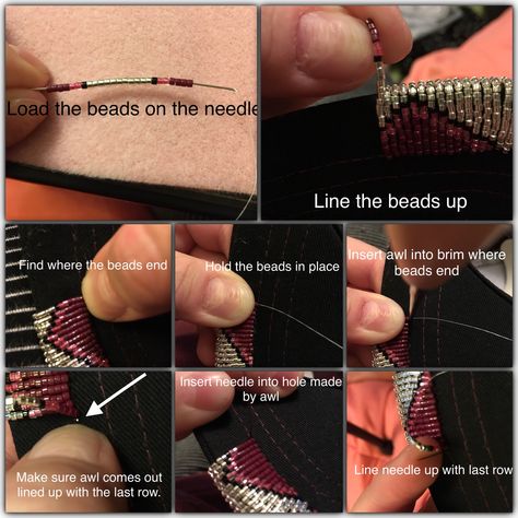 Step by step how to bead a hat brim. With an awl Beading A Hat Rim, How To Bead A Baseball Cap, How To Bead A Graduation Cap, How To Do Native American Bead Work, Beaded Hat Rim Patterns, Bead Loom Earrings Tutorials, How To Bead Native American Tutorials, Beading Hat Brim, Beading Hat Brim Tutorial