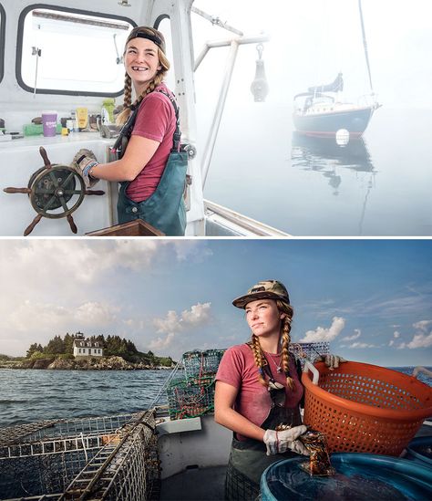 Sadie Samuels, Lobster Fisher In Rockport, Maine and 10+ "man jobs" dome by female Hobby Photoshoot, Fishing Poses, Marineland 5 Gallon Portrait, Fisherman Portrait, Fisherman Photography, Fishermen At Sea, 80s Summer, Interesting Portraits, Rockport Maine