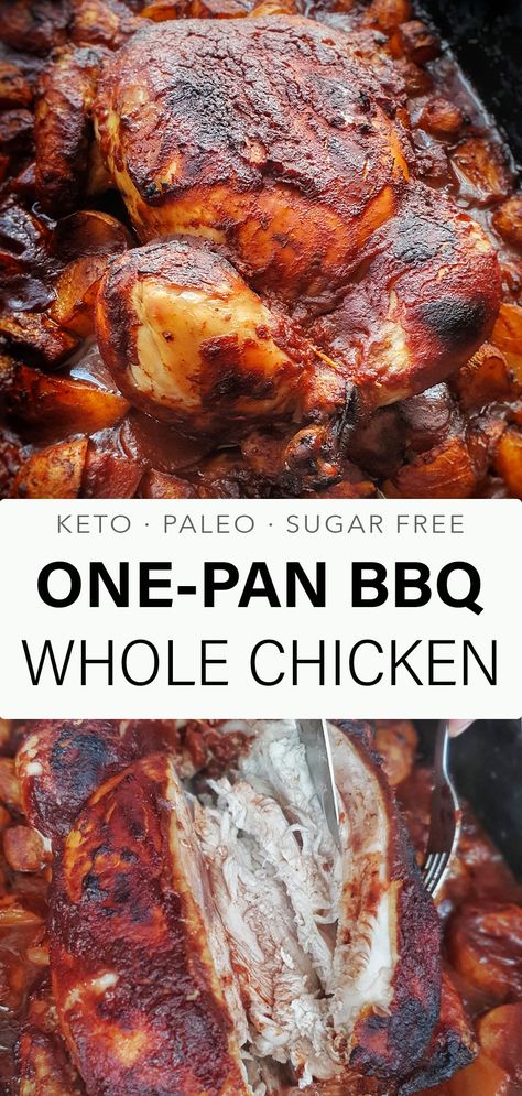 BBQ Chicken - the taste of summer! This BBQ Chicken recipe is the best! A whole chicken is marinated in homemade BBQ sauce overnight and then roasted in the oven. It’s extremely juicy, soft, and tender on the inside and slightly crispy on the outside. This one-pan whole chicken recipe is just SO easy and tastes divine! Paleo + keto-friendly. #bbqchicken #wholechicken #bbqwholechicken #paleo #keto Bbq Whole Chicken, Whole Chicken In Oven, Slow Roasted Chicken, Whole Chicken Recipe, Make Bbq Sauce, Bbq Sauce Ingredients, Bbq Chicken Recipe, Roasted Chicken Recipe, Bbq Roast