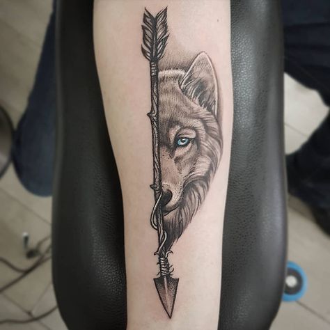 Wolf Tattoo Sleeve, Arrow Tattoo, Feather Tattoo, Wolf Tattoos, Wolf Tattoo, Eye Tattoo, Tattoo Sleeve, Forearm Tattoos, Black And Grey Tattoos