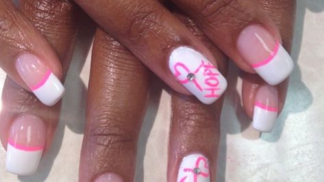 Awareness Ribbon Nail Designs, Breastcancerawareness Nail Ideas, Pink Breast Awareness Nails Design, Awareness Nail Designs, Nexgen Nails, October Pink, Fingernail Designs, Hot Pink Nails, Work Nails